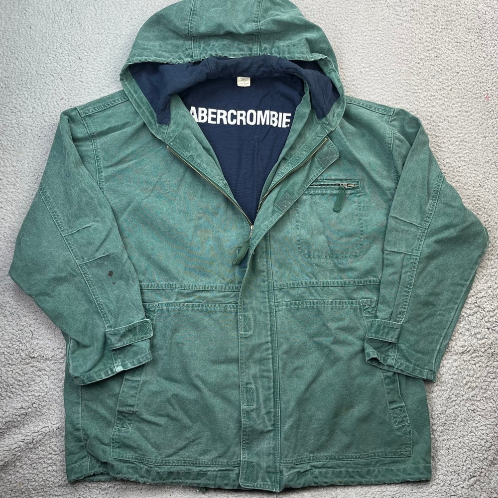 Abercrombie Field Jacket Mens L Green Canvas Hooded Full Zip Utility Chore Coat